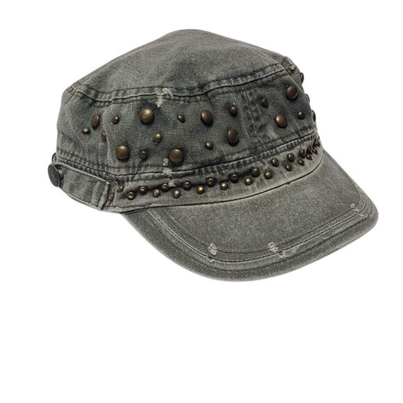 Accessories - Distressed Studded Military Style Cap Women's One Size Green Hat